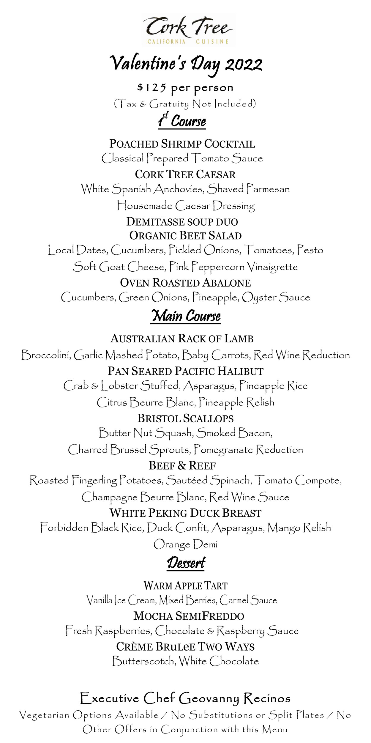 Holiday Menu Cork Tree California Cuisine